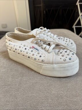 Superga White Platform Sneakers with Rhinestone Studs